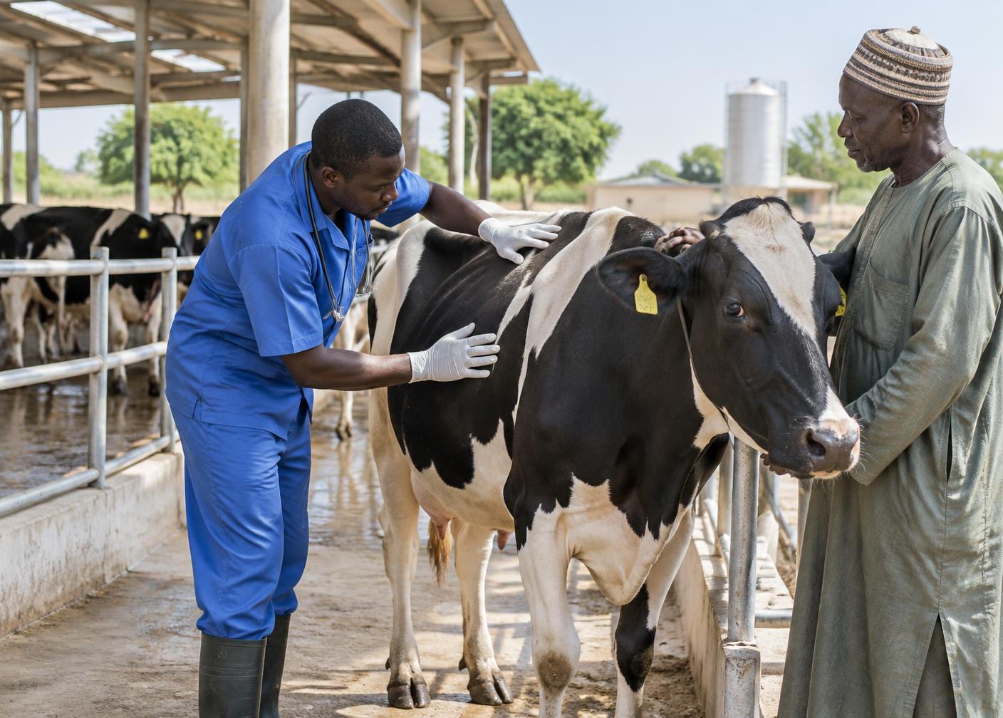 Vétérinaire examinant une vache dans une exploitation